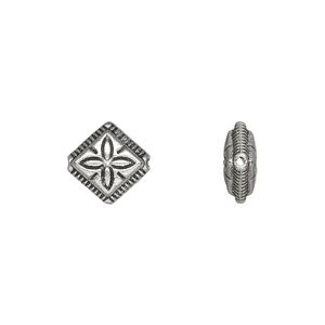 Bead, antique silver-plated "pewter" (zinc-based alloy), 11mm double-sided diamond with flower design. Sold per pkg of 50.