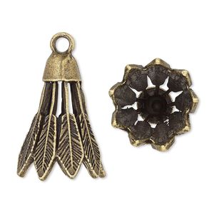 Cone, antique brass-plated "pewter" (zinc-based alloy), 25x18mm feather, 13mm inside diameter. Sold per pkg of 4.