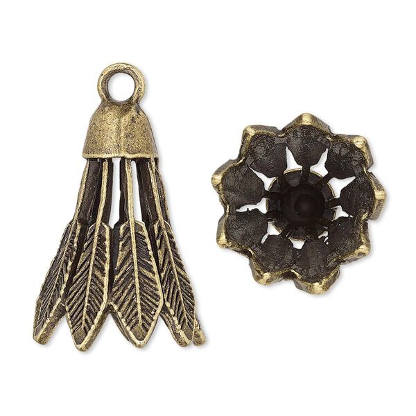 Cone, antique brass-plated "pewter" (zinc-based alloy), 25x18mm feather, 13mm inside diameter. Sold per pkg of 4. image number 0