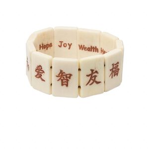 Bracelet, stretch, bone (dyed), antiqued, 25x17mm double-sided rectangle with Chinese character / English translation, 7 inches. Sold individually.