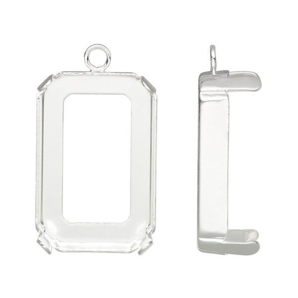 Drop, silver-plated brass, 28x19.5mm rectangle with closed loop and 27x18.5mm 4-prong faceted rectangle setting (4627) with open back. Sold per pkg of 4. image number 0