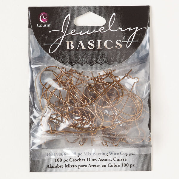 Ear wire assortment, steel, pkg/50 pairs, 16mm fishhook with open loop and 33mm kidney with open loop, 20 and 22 gauge, copper finish. image number 0