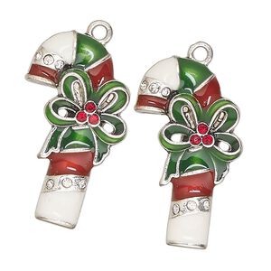 Focal, antique silver-finished "pewter" (zinc-based alloy) / enamel / glass, red / white / green, 31x18mm candy cane. Sold per pkg of 2.