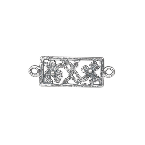 Link, antiqued sterling silver, 20x9mm single-sided flat rectangle with flowers and vines cutout design. Sold individually. image number 0