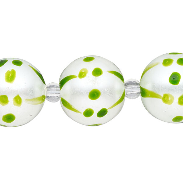 Bead, glass 1pkg8, opaque green and white, 16mm hand-painted round. image number 0
