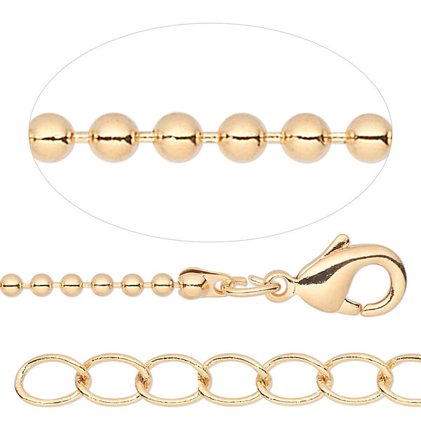 Chain, gold-finished brass, 1.5mm ball, 18 inches with 1-inch extender chain and lobster claw clasp. Sold per pkg of 4. image number 0