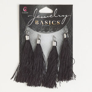 Tassel 1pkg4, silver-finished steel and nylon, black, 2-1/2 inches.