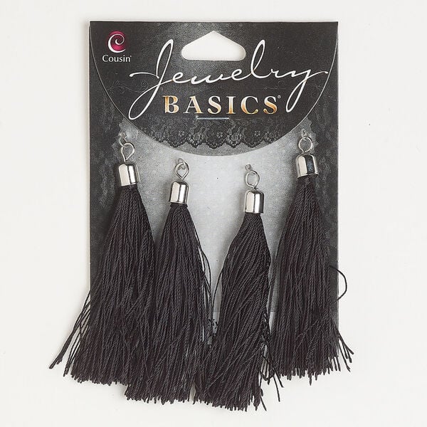 Tassel 1pkg4, silver-finished steel and nylon, black, 2-1/2 inches. image number 0