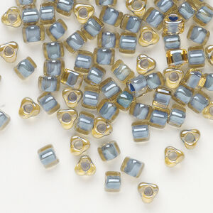 Seed bead, Miyuki, glass, transparent amber yellow color-lined teal, (TR1169), #5 triangle. Sold per 250-gram pkg.