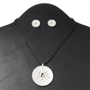 Necklace and earring set, Everyday Jewelry, crystals / leather (dyed) / silver-finished steel and "pewter" (zinc-based alloy), black and crystal clear, 44mm round, 16-inch necklace with 3-inch extender chain and lobster claw clasp, 14mm round earrings with post. Sold per set.