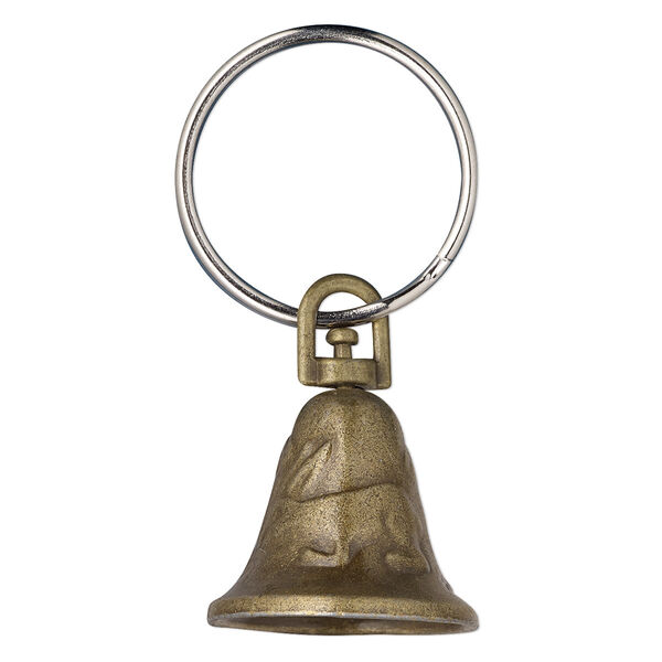 Bell, antique brass-finished "pewter" (zinc-based alloy), 23x20mm bell with clapper and bird with rabbit design. Sold per pkg of 6. image number 0