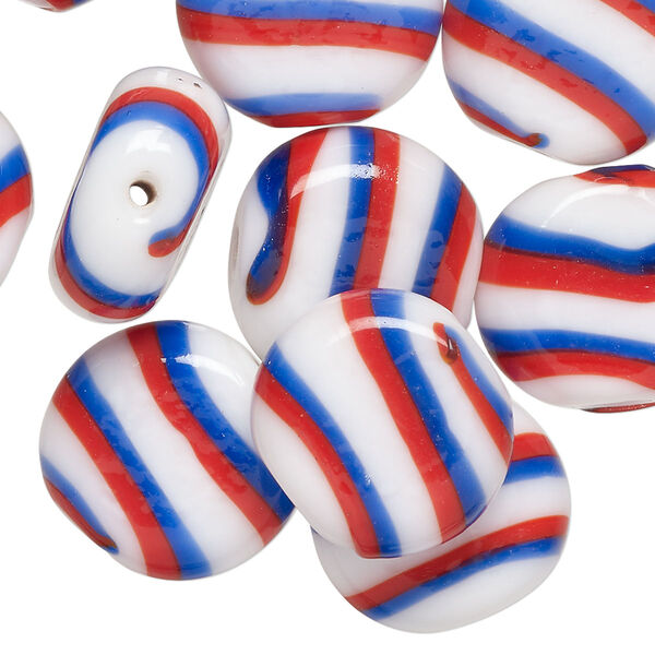 Bead, lampworked glass, opaque red / blue / white, 17mm flat round. Sold per pkg of 10. image number 0