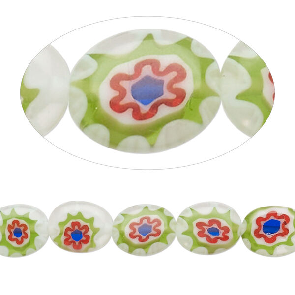 Bead, millefiori glass, translucent green / red / cobalt blue / white, 10x8mm puffed oval with flower design. Sold per 14-inch strand. image number 0
