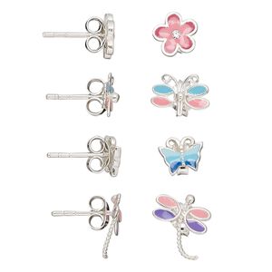 Earstud, sterling silver and enamel, multicolored, 7x6mm-10x8mm butterfly / dragonfly / flower with earstud. Sold per set of 4 pairs.