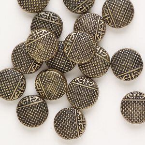 Bead 1pkg20 "pewter" (zinc-based alloy) 10mm textured puffed flat round, antique gold finish