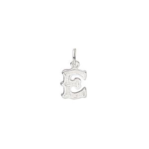 Charm, sterling silver, 9x7mm fancy block alphabet letter "E." Sold individually.