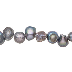 Freshwater pearl 1pkg1, semi-round, 14 inch silver peacock 6-7mm cultured