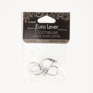 Ear wire leverback 1pkg4, 16mm / open loop, silver-finished stainless steel 2 pair