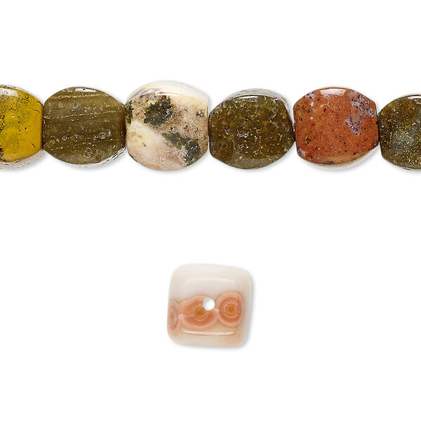 Bead, ocean jasper (natural), 8x8mm cushion, B grade, Mohs hardness 6-1/2 to 7. Sold per 15-1/2" to 16" strand. image number 0