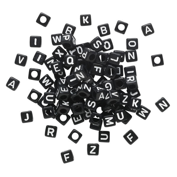Bead mix, acrylic, opaque black and white, 6mm cube with alphabet letters. Sold per pkg of 100. image number 1