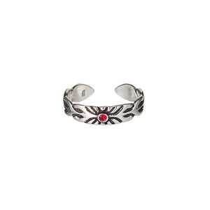 Toe ring, Create Compliments®, antiqued sterling silver and crystal, red, 4mm wide with sun design, adjustable. Sold individually.