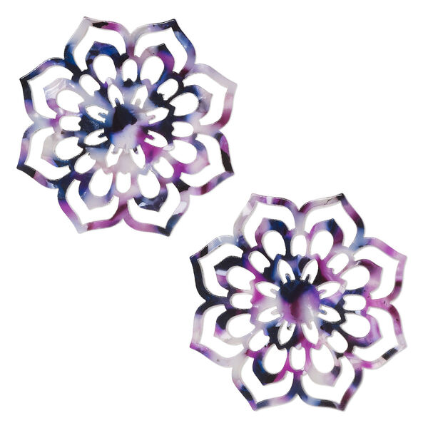 Focal, resin, purple / dark purple / white, 50mm flower with cutouts. Sold per pkg of 2. image number 0