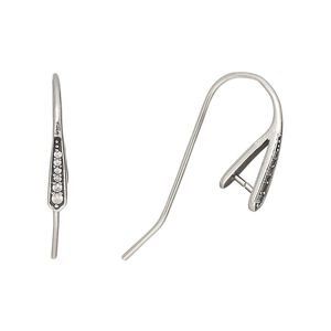 Ear wire fishhook 1pkg2 rhodium-plated sterling silver / cubic zirconia, 15mm / ice-pick bail / 5mm grip length setting, 20 gauge clear 1 pair