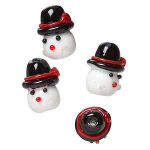 Bead, lampworked glass, opaque white and black, 17x15mm 3D snowman head. Sold per pkg of 4.