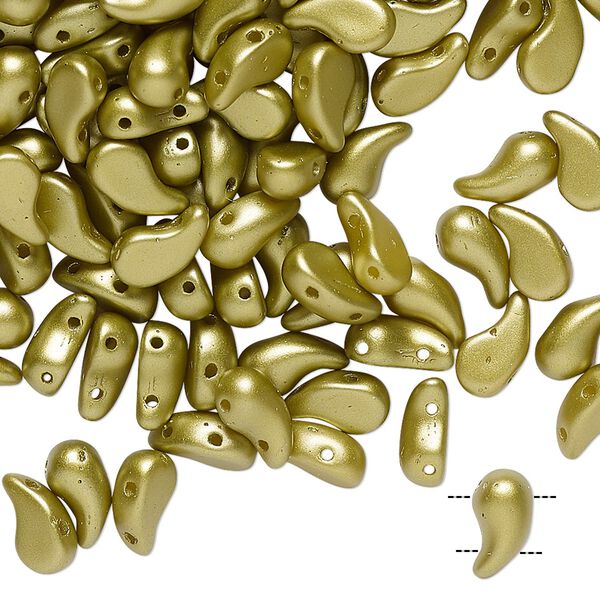 Bead, Zoliduo®, Czech pressed glass, opaque white pastel olivine, 8x5mm double-drilled left-facing comma. Sold per pkg of 30. image number 0