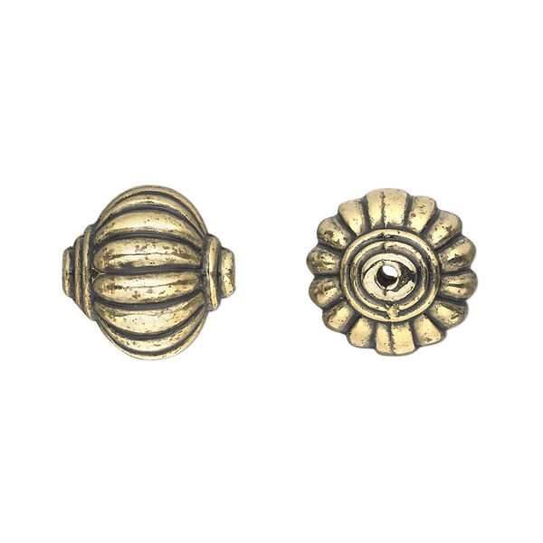 Bead, antiqued gold-finished copper-coated plastic, 14x14mm ribbed rondelle. Sold per 50-gram pkg, approximately 40 beads. image number 0