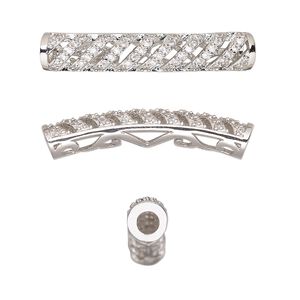Bead, cubic zirconia and silver-finished brass, clear, 31x6mm curved tube with fancy cutout design. Sold individually.