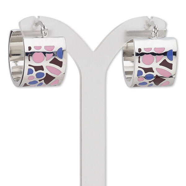 Earring, Avant-Garde Jewelry Collection, enamel and stainless steel, purple / lavender / pink, 22mm 3/4 round hoop with floral and dot design with latch-back closure. Sold per pair. image number 0