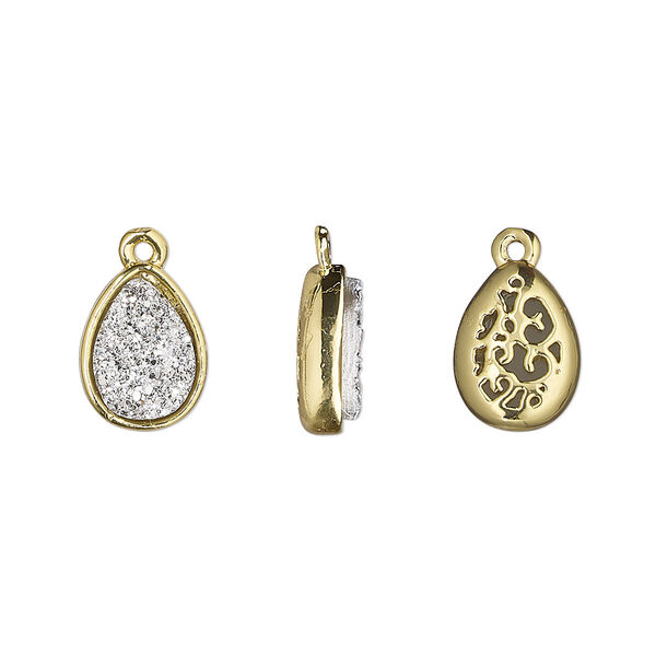 Drop, Druzylite™, "druzy" (resin) and gold-finished brass, silver, 11.5x8.5mm two-sided teardrop with open filigree back. Sold per pkg of 4. image number 0