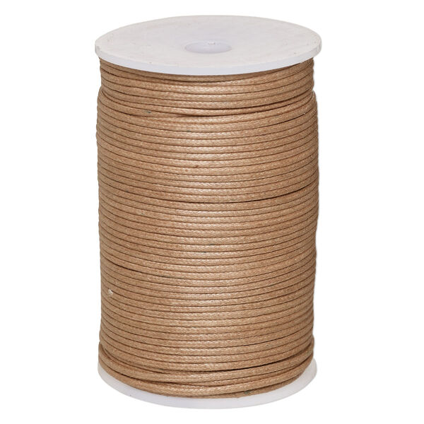 Cord, waxed cotton, light brown, 2mm, 50+ pound test. Sold per 100-meter spool. image number 0