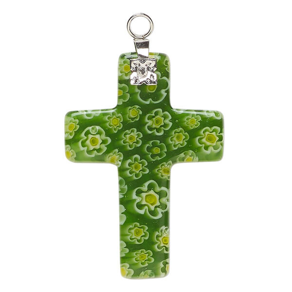 Focal 1pkg1 millefiori glass and silver-finished steel, translucent yellow / white / green, 31x24mm-34x26mm cross. image number 0