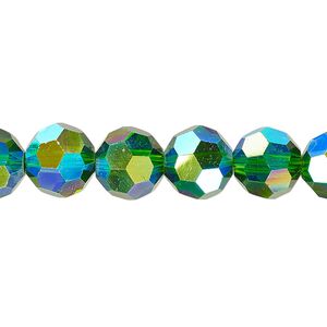 Bead 1pk 32 facets translucent emerald green AB, Celestial Crystal® 10mm round 15.5-16 inch