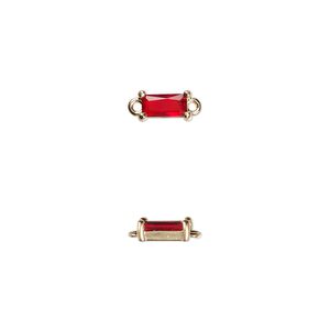 Link, glass and gold-finished brass, red, 7.5x4mm faceted rectangle. Sold per pkg of 10.
