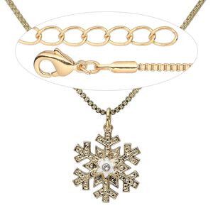 Necklace, Everyday Jewelry™, gold-finished "pewter" (zinc-based alloy) and brass / crystal / glitter, crystal clear and white, 18 inches with lobster claw clasp. Sold individually.