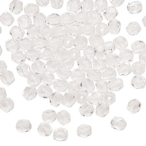 Bead, Czech fire-polished glass 1pkg100, transparent clear, 4mm faceted round.