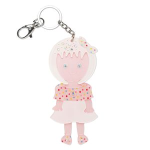 Key ring, chrome-finished steel / acrylic / glass rhinestone, multicolored, 5x2-1/4 inch single-sided girl with split ring and swivel lobster claw clasp. Sold individually.