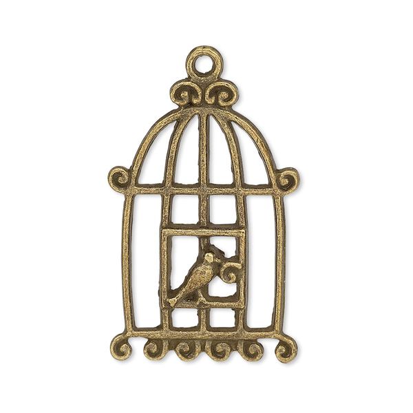 Focal, antiqued brass-finished "pewter" (zinc-based alloy), 30.5x20mm single-sided bird in cage. Sold per pkg of 4. image number 0