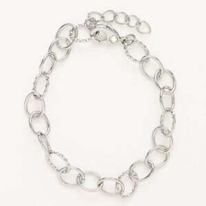 Bracelet, "pewter" (zinc-based alloy) and glass, pkg/1, 7-1/2 inches with lobster claw clasp, 8mm oval and twisted oval, silver finish and clear.