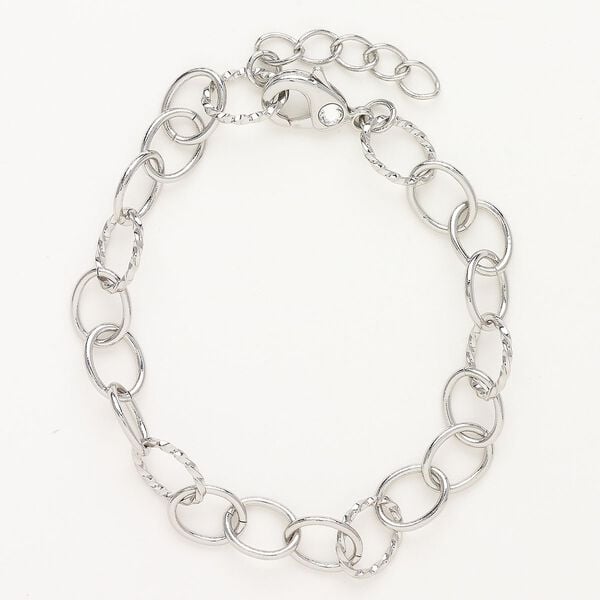 Bracelet, "pewter" (zinc-based alloy) and glass, pkg/1, 7-1/2 inches with lobster claw clasp, 8mm oval and twisted oval, silver finish and clear. image number 0