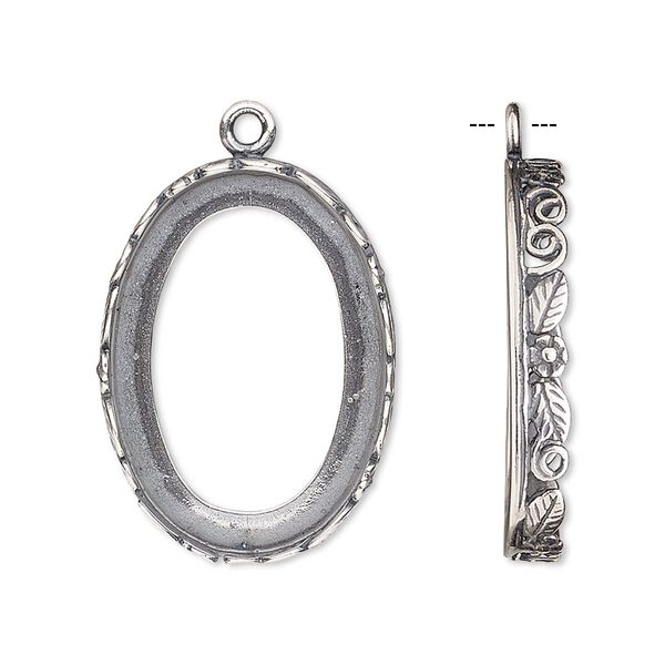 Drop, JBB Findings, antique silver-plated brass, 27x20mm oval with open back and flower and leaf design trim, 25x18mm oval bezel setting. Sold individually. image number 0