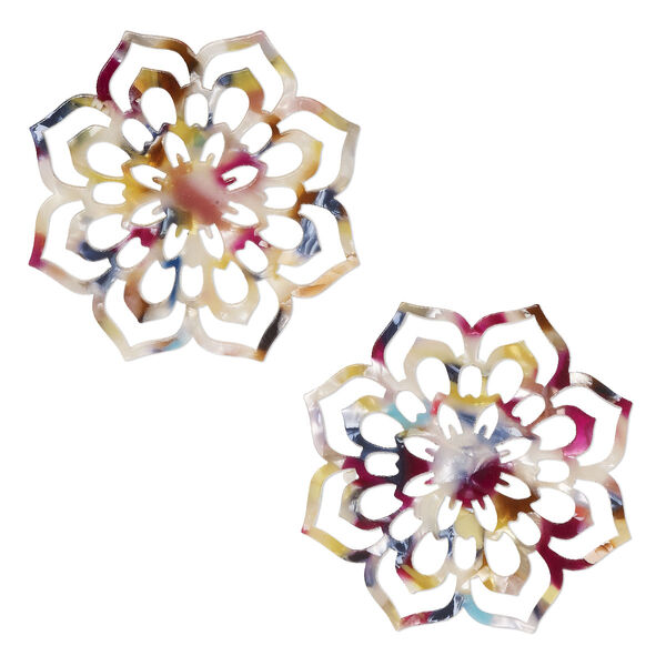 Focal, resin, multicolored, 50mm flower with cutouts. Sold per pkg of 2. image number 0