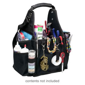 Tote organizer, polyester, black and turquoise blue, 16 x 11 x 9 inches with handle. Sold individually.