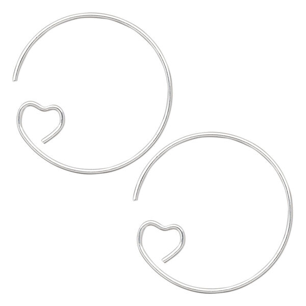Ear wire, silver-plated brass, 23mm round hoop with open heart, 19 gauge. Sold per pkg of 5 pairs. image number 0