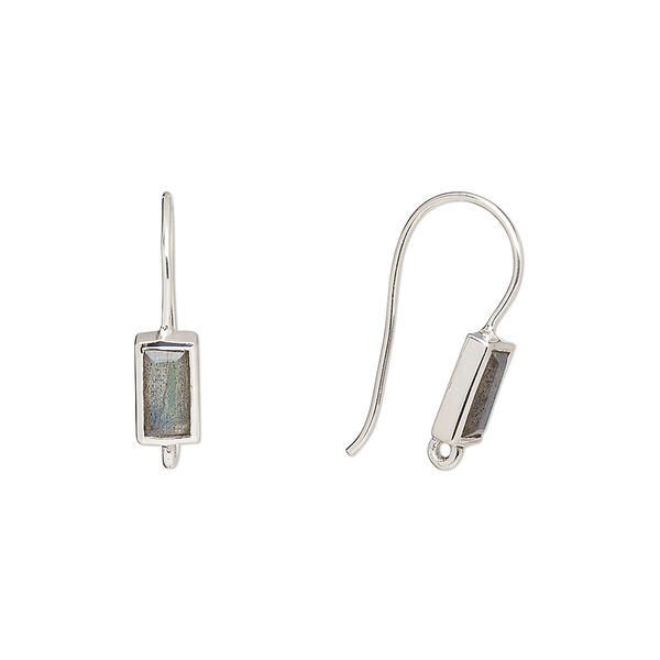 Ear wire, labradorite (natural) and sterling silver, 16mm fishhook with 7x4 rectangle and closed loop, 22 gauge. Sold per pair. image number 0