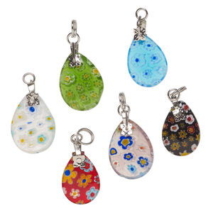 Drop mix, millefiori glass and silver-finished steel 1pkg6, translucent and transparent multicolored, 18x13mm-20x15mm puffed teardrop.