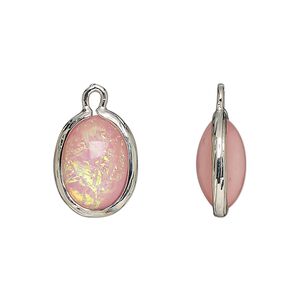 Drop, Opalized Ice™, "opal" (resin) and imitation rhodium-finished brass, opaque light pink, 16x12mm double-sided oval .Sold per pkg of 4.